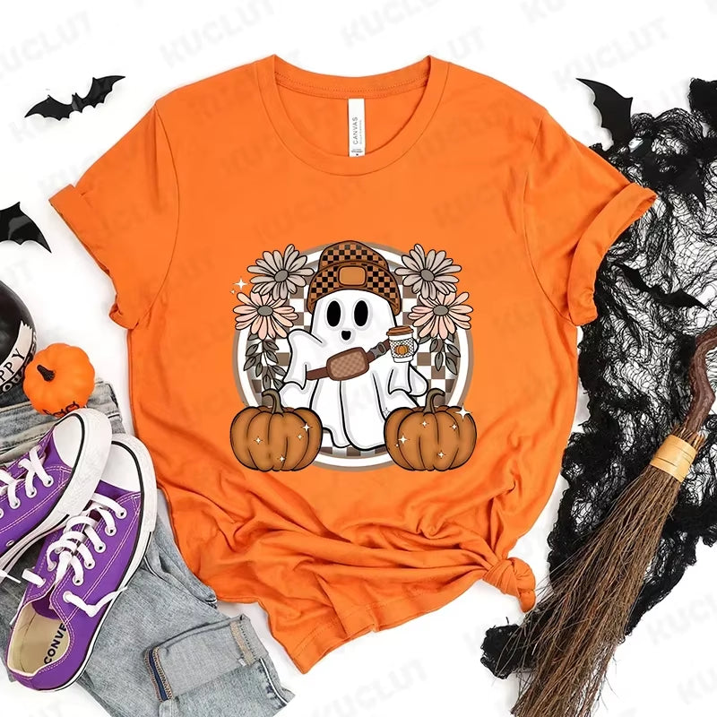 Happy Halloween Fashion Women T-Shirt Summer Casual Tops Spooky Season T-Shirt Halloween Pumpkins Ghost T-Shirts Halloween Gifts