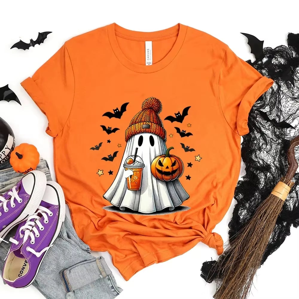 Happy Halloween Fashion Women T-Shirt Summer Casual Tops Spooky Season T-Shirt Halloween Pumpkins Ghost T-Shirts Halloween Gifts