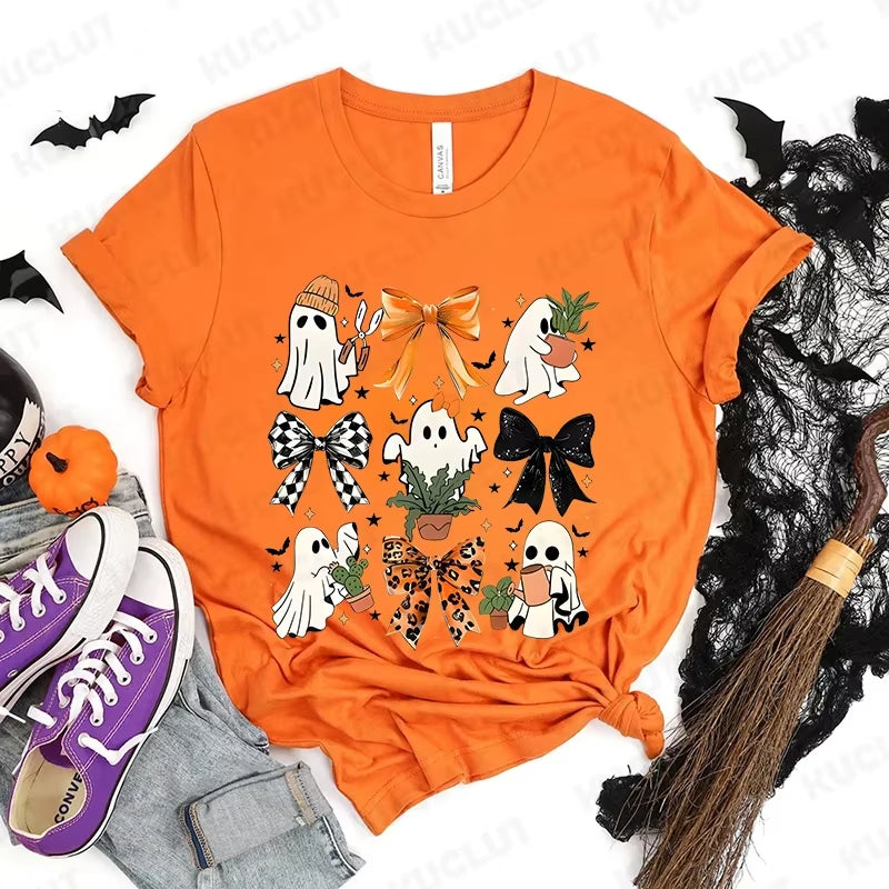 Happy Halloween Fashion Women T-Shirt Summer Casual Tops Spooky Season T-Shirt Halloween Pumpkins Ghost T-Shirts Halloween Gifts