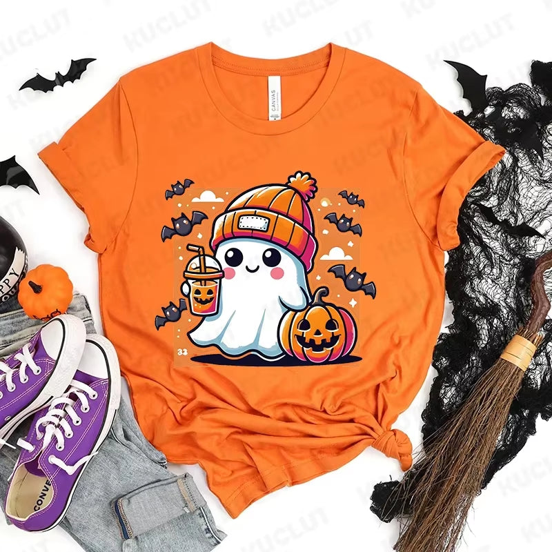 Happy Halloween Fashion Women T-Shirt Summer Casual Tops Spooky Season T-Shirt Halloween Pumpkins Ghost T-Shirts Halloween Gifts