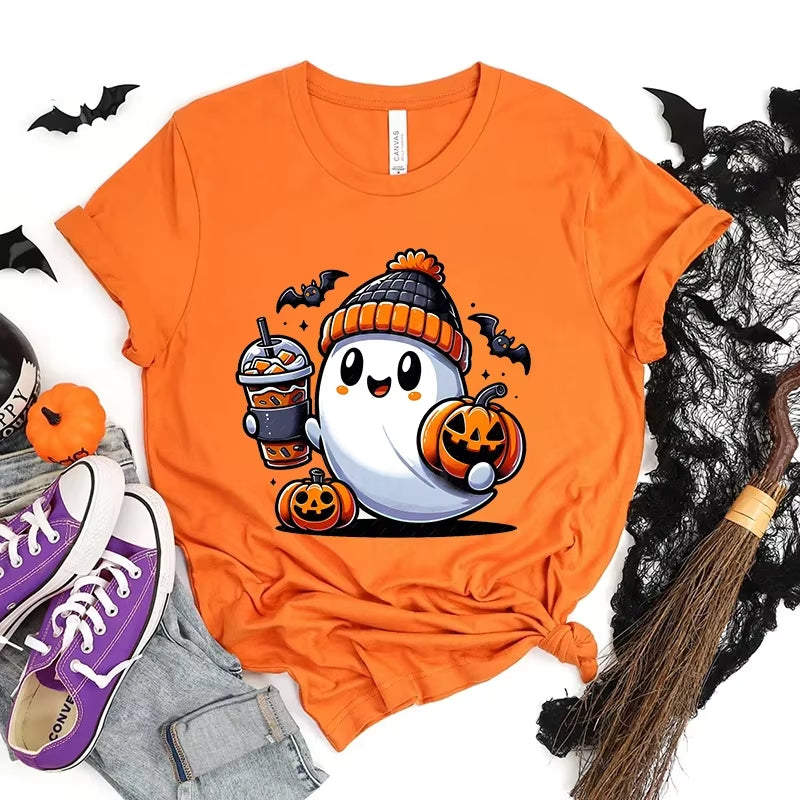 Happy Halloween Fashion Women T-Shirt Summer Casual Tops Spooky Season T-Shirt Halloween Pumpkins Ghost T-Shirts Halloween Gifts