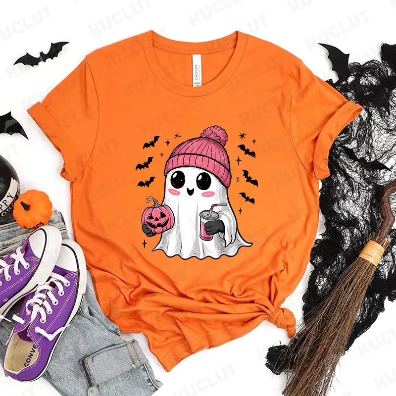 Happy Halloween Fashion Women T-Shirt Summer Casual Tops Spooky Season T-Shirt Halloween Pumpkins Ghost T-Shirts Halloween Gifts