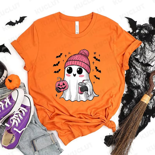 Happy Halloween Fashion Women T-Shirt Summer Casual Tops Spooky Season T-Shirt Halloween Pumpkins Ghost T-Shirts Halloween Gifts