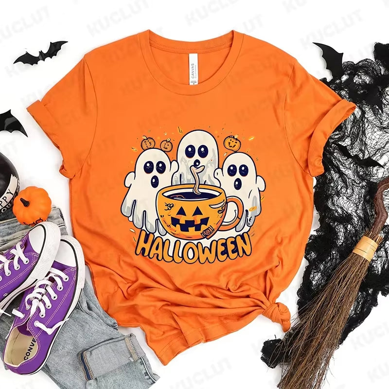 Happy Halloween Fashion Women T-Shirt Summer Casual Tops Spooky Season T-Shirt Halloween Pumpkins Ghost T-Shirts Halloween Gifts