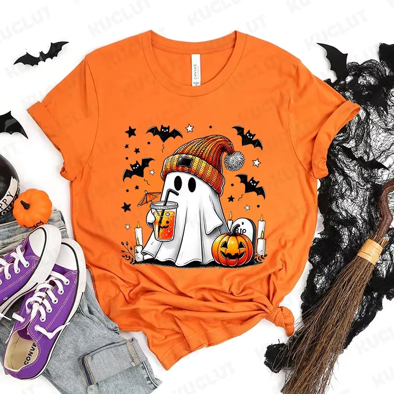 Happy Halloween Fashion Women T-Shirt Summer Casual Tops Spooky Season T-Shirt Halloween Pumpkins Ghost T-Shirts Halloween Gifts