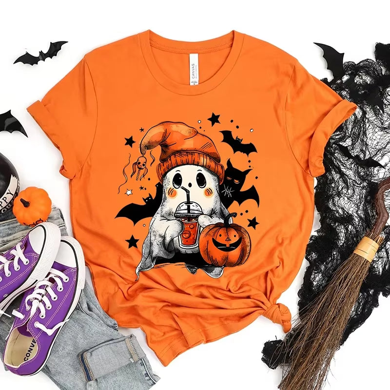 Happy Halloween Fashion Women T-Shirt Summer Casual Tops Spooky Season T-Shirt Halloween Pumpkins Ghost T-Shirts Halloween Gifts