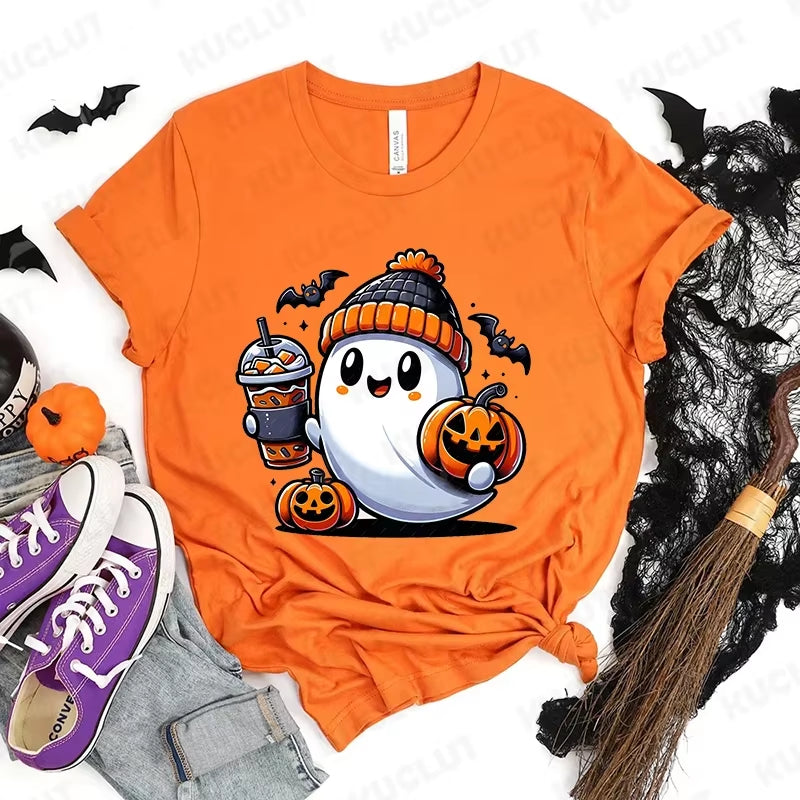 Happy Halloween Fashion Women T-Shirt Summer Casual Tops Spooky Season T-Shirt Halloween Pumpkins Ghost T-Shirts Halloween Gifts