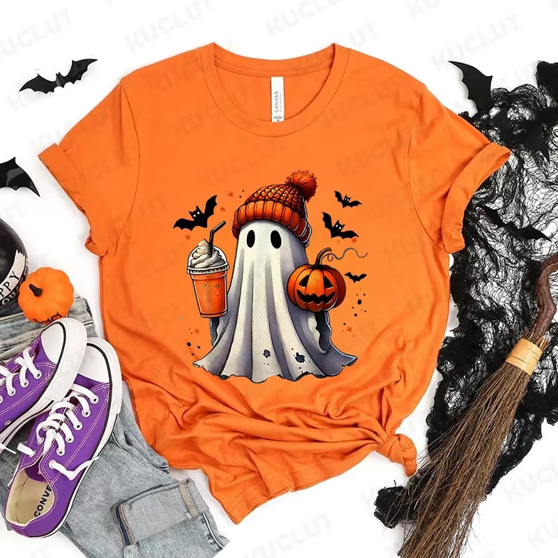 Happy Halloween Fashion Women T-Shirt Summer Casual Tops Spooky Season T-Shirt Halloween Pumpkins Ghost T-Shirts Halloween Gifts