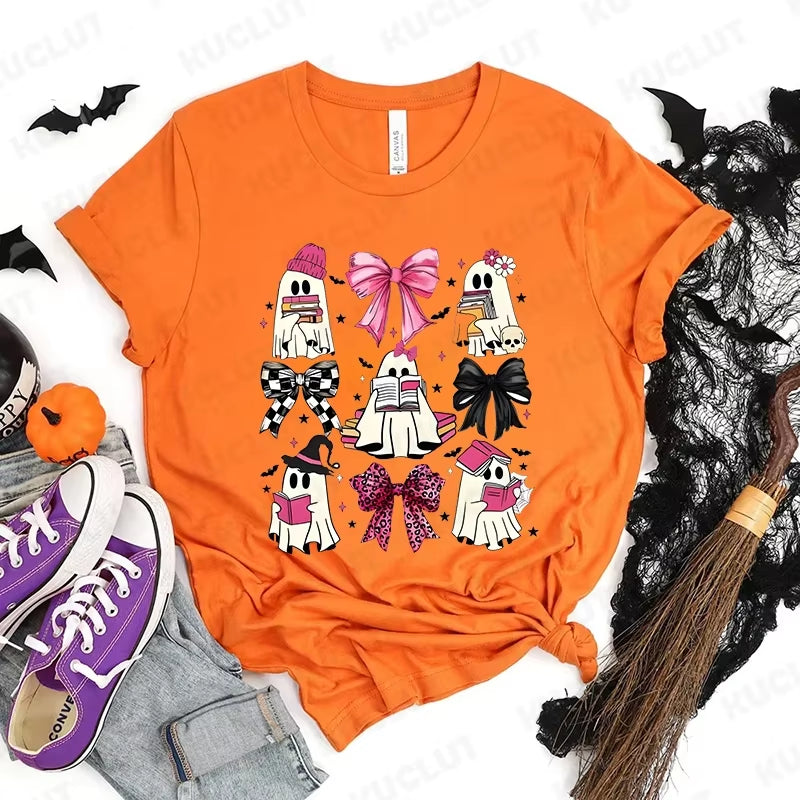 Happy Halloween Fashion Women T-Shirt Summer Casual Tops Spooky Season T-Shirt Halloween Pumpkins Ghost T-Shirts Halloween Gifts