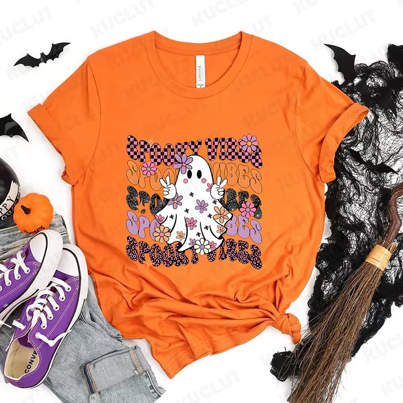 Happy Halloween Fashion Women T-Shirt Summer Casual Tops Spooky Season T-Shirt Halloween Pumpkins Ghost T-Shirts Halloween Gifts
