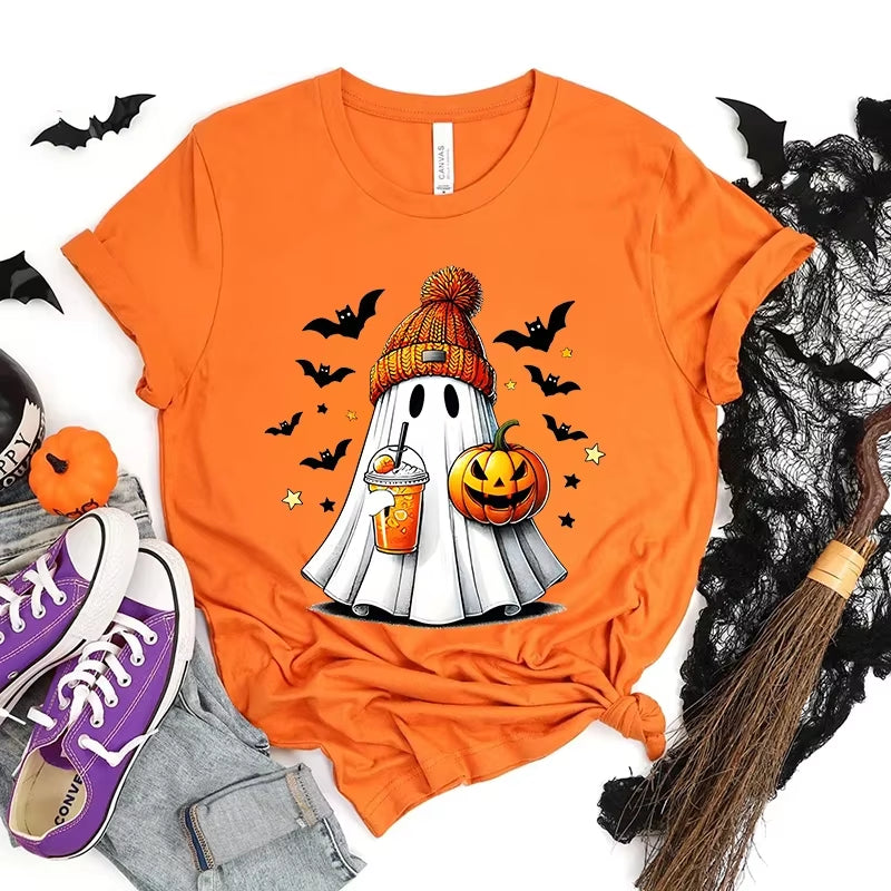 Happy Halloween Fashion Women T-Shirt Summer Casual Tops Spooky Season T-Shirt Halloween Pumpkins Ghost T-Shirts Halloween Gifts