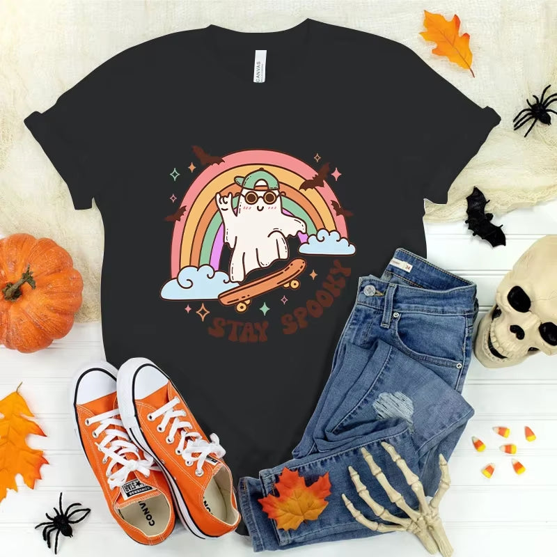 Women T-Shirts Halloween Cute Ghost Cat Vintage T Shirts Halloween Pumpkin Floral Tee Funny Gift for Animals Lover Clothes