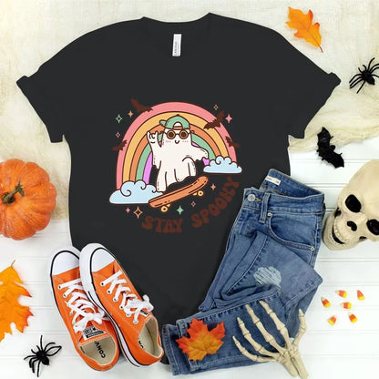 Women T-Shirts Halloween Cute Ghost Cat Vintage T Shirts Halloween Pumpkin Floral Tee Funny Gift for Animals Lover Clothes