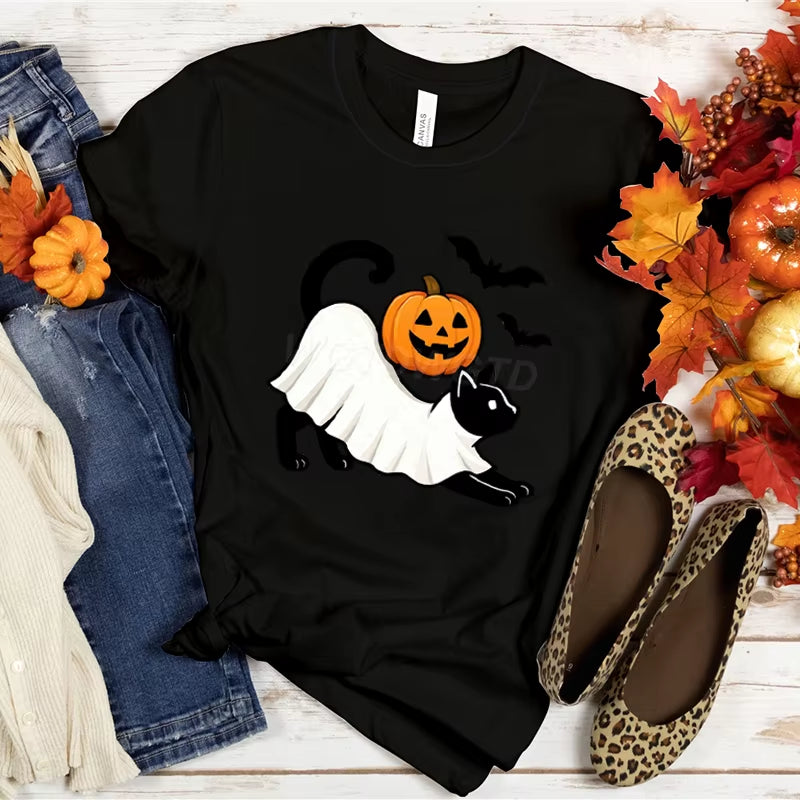 Women T-Shirts Halloween Cute Ghost Cat Vintage T Shirts Halloween Pumpkin Floral Tee Funny Gift for Animals Lover Clothes