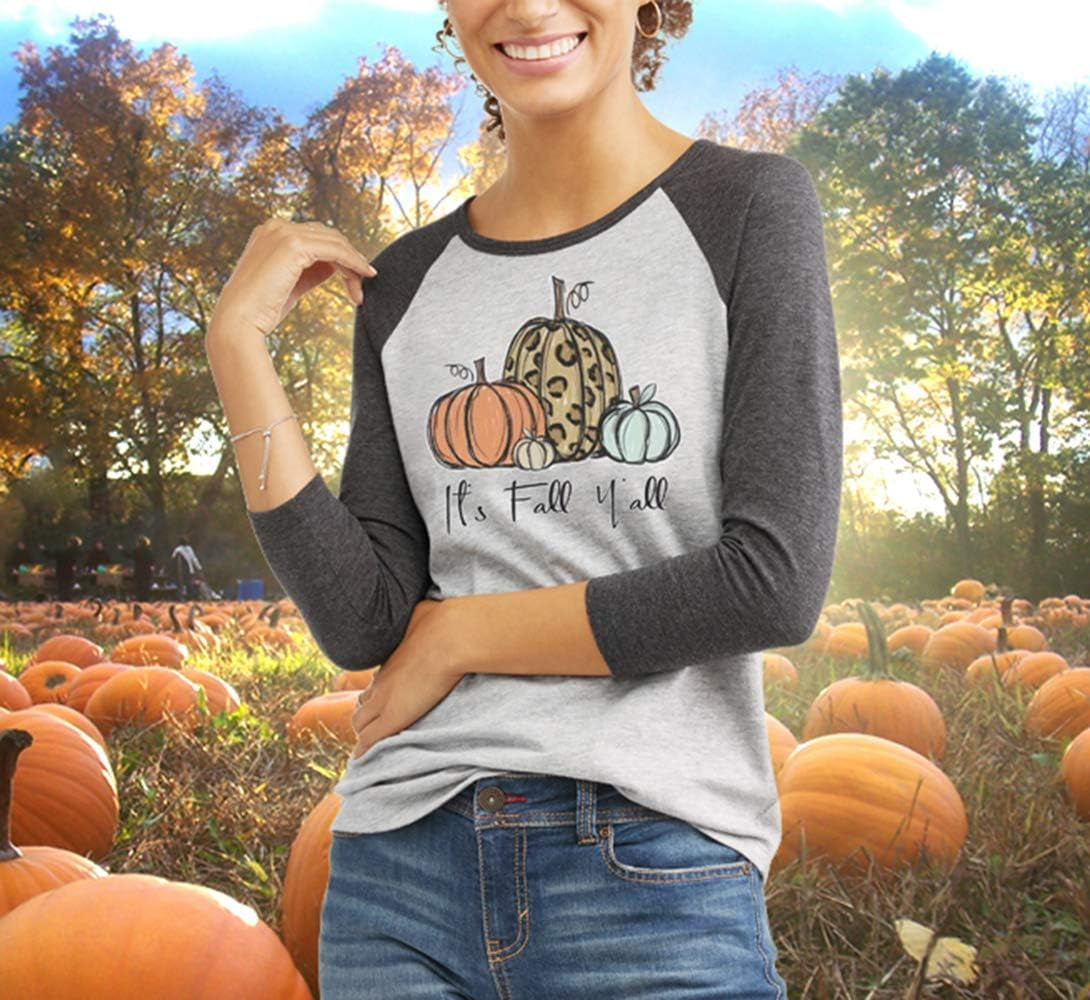 Its Fall Yall Halloween Cute Shirt Women Leopard Pumpkin Graphic Shirts Fall Casual 3/4 Sleeve Raglan Tee Tops