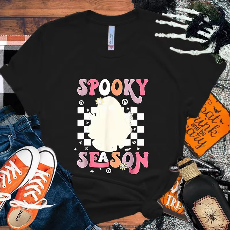 Women T-Shirts Halloween Cute Ghost Cat Vintage T Shirts Halloween Pumpkin Floral Tee Funny Gift for Animals Lover Clothes