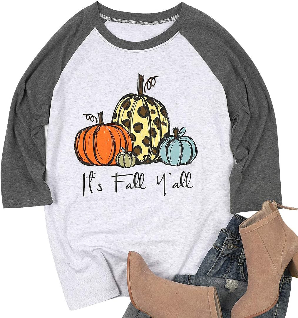 Its Fall Yall Halloween Cute Shirt Women Leopard Pumpkin Graphic Shirts Fall Casual 3/4 Sleeve Raglan Tee Tops