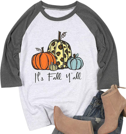 Its Fall Yall Halloween Cute Shirt Women Leopard Pumpkin Graphic Shirts Fall Casual 3/4 Sleeve Raglan Tee Tops