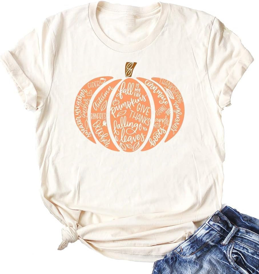 Fall Pumpkin Shirts Womens Casual Autumn Thanksgiving Graphic Tees Halloween Tops