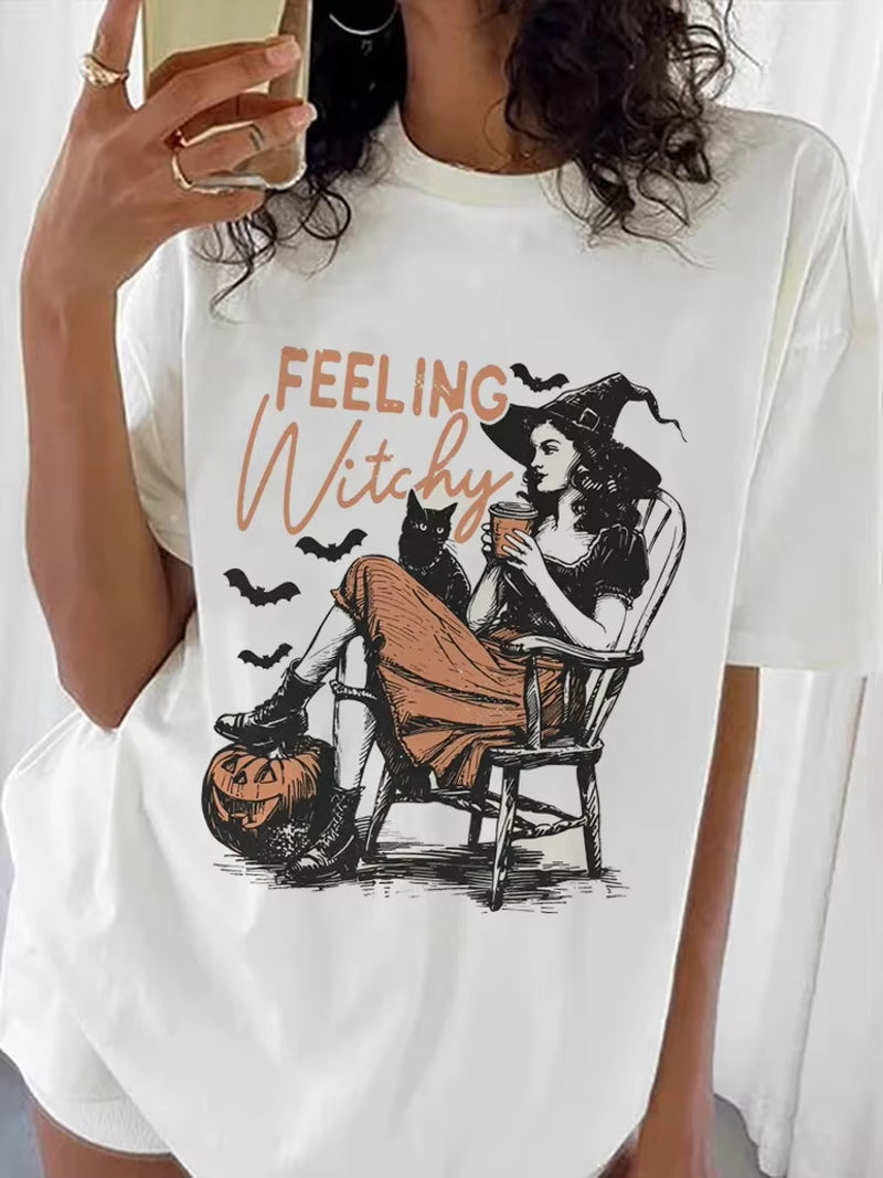 Women T-Shirts Halloween Cute Ghost Cat Vintage T Shirts Halloween Pumpkin Floral Tee Funny Gift for Animals Lover Clothes