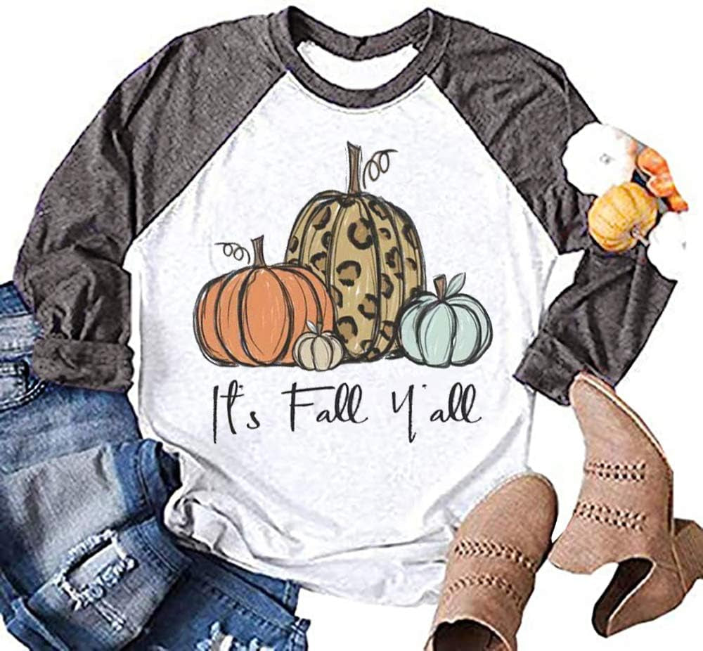 Its Fall Yall Halloween Cute Shirt Women Leopard Pumpkin Graphic Shirts Fall Casual 3/4 Sleeve Raglan Tee Tops