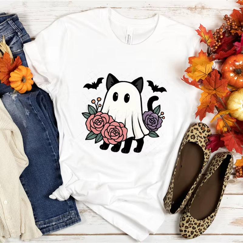 Women T-Shirts Halloween Cute Ghost Cat Vintage T Shirts Halloween Pumpkin Floral Tee Funny Gift for Animals Lover Clothes