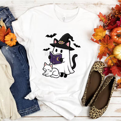 Women T-Shirts Halloween Cute Ghost Cat Vintage T Shirts Halloween Pumpkin Floral Tee Funny Gift for Animals Lover Clothes