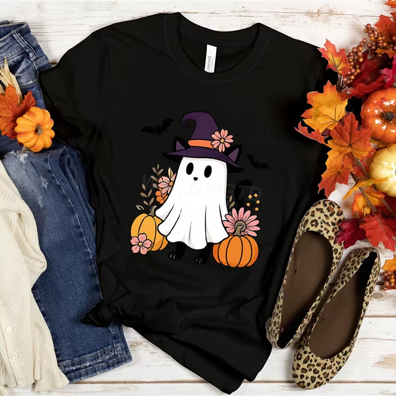 Women T-Shirts Halloween Cute Ghost Cat Vintage T Shirts Halloween Pumpkin Floral Tee Funny Gift for Animals Lover Clothes