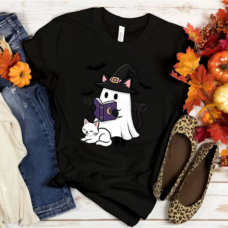 Women T-Shirts Halloween Cute Ghost Cat Vintage T Shirts Halloween Pumpkin Floral Tee Funny Gift for Animals Lover Clothes