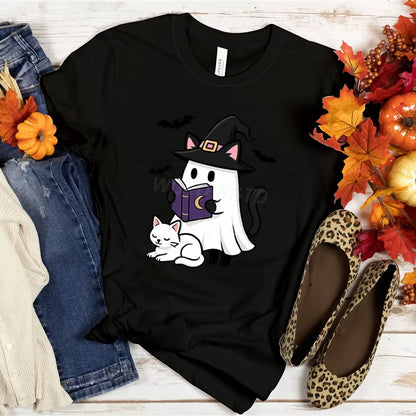 Women T-Shirts Halloween Cute Ghost Cat Vintage T Shirts Halloween Pumpkin Floral Tee Funny Gift for Animals Lover Clothes