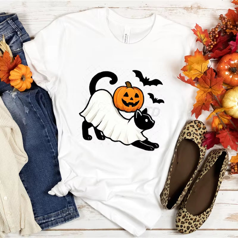 Women T-Shirts Halloween Cute Ghost Cat Vintage T Shirts Halloween Pumpkin Floral Tee Funny Gift for Animals Lover Clothes