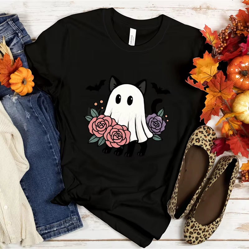 Women T-Shirts Halloween Cute Ghost Cat Vintage T Shirts Halloween Pumpkin Floral Tee Funny Gift for Animals Lover Clothes