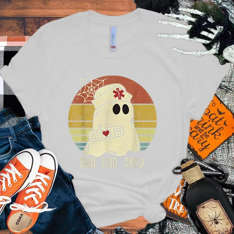 Women T-Shirts Halloween Cute Ghost Cat Vintage T Shirts Halloween Pumpkin Floral Tee Funny Gift for Animals Lover Clothes