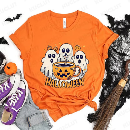 Happy Halloween Fashion Women T-Shirt Summer Casual Tops Spooky Season T-Shirt Halloween Pumpkins Ghost T-Shirts Halloween Gifts