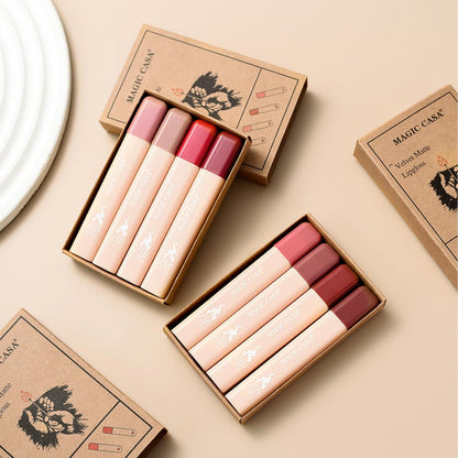 4 Colors Matte Lipstick Set, Mini Lipstick, Labiales Matte Velvet Lipstick, Long Lasting Lipstick, Creative Matchstick Shape Lipstick Set, Ideal Present for Women/Girls (A Set, Small)