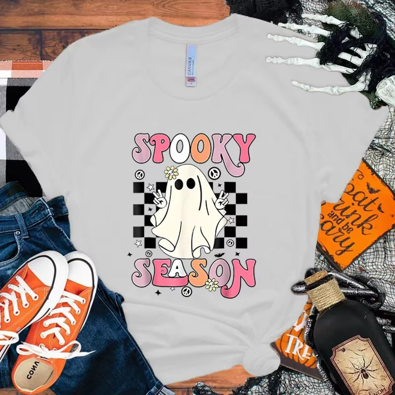 Women T-Shirts Halloween Cute Ghost Cat Vintage T Shirts Halloween Pumpkin Floral Tee Funny Gift for Animals Lover Clothes