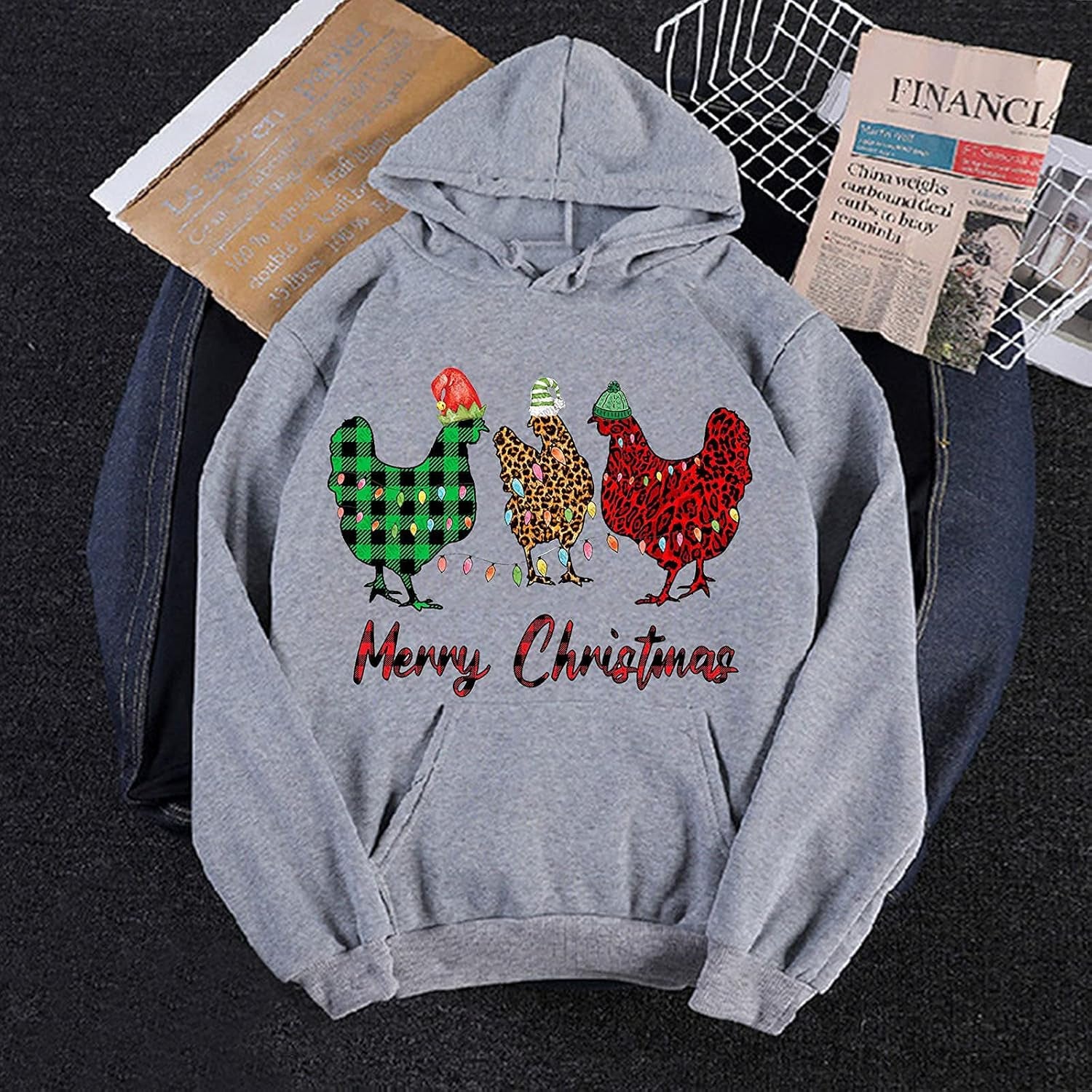 Funny Christmas Sweaters for Women Trendy Thanksgiving Turkeys Print Long Sleeve Shirts Crewneck Sweatshirts Hoodies