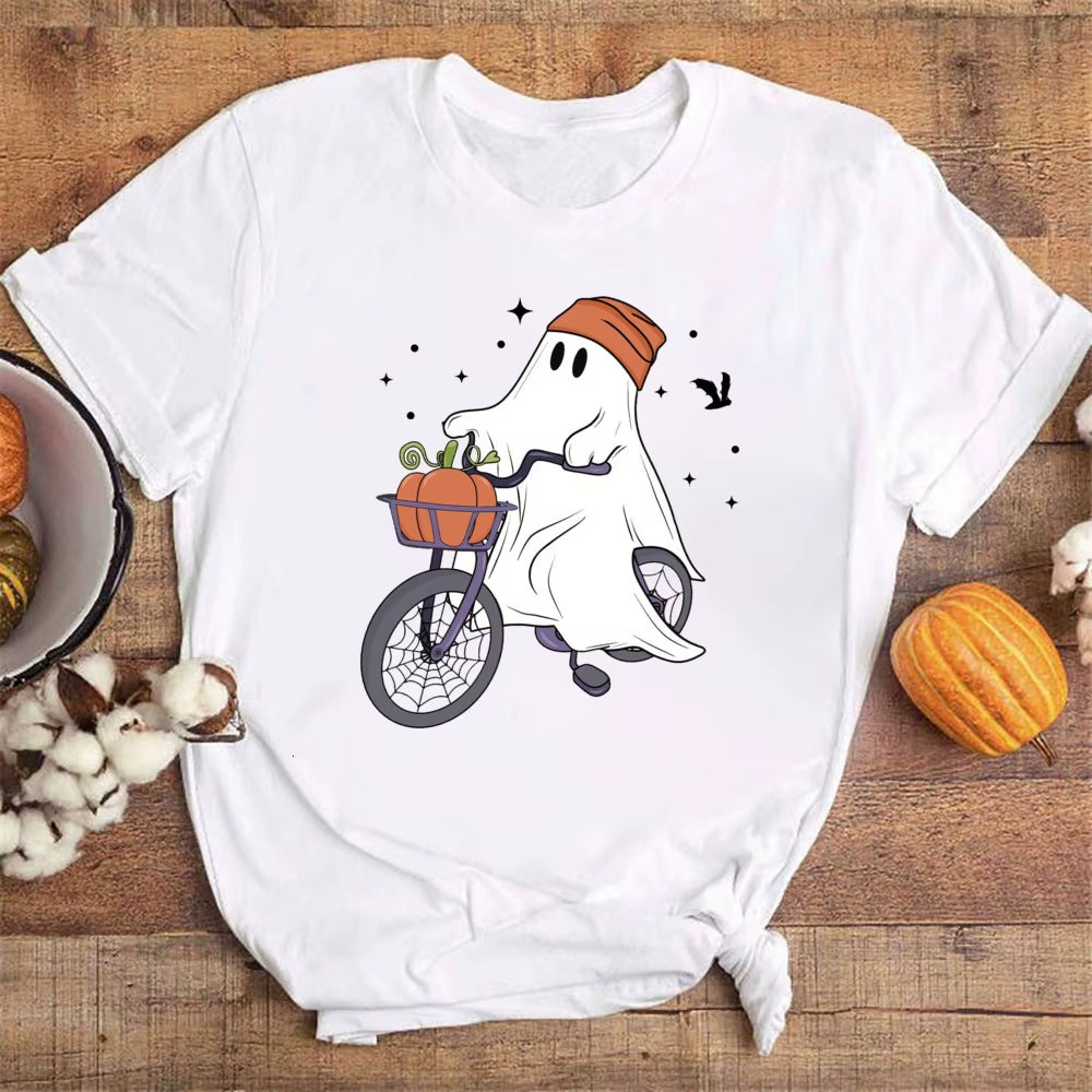 Women T-Shirts Halloween Cute Ghost Cat Vintage T Shirts Halloween Pumpkin Floral Tee Funny Gift for Animals Lover Clothes