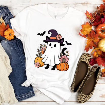 Women T-Shirts Halloween Cute Ghost Cat Vintage T Shirts Halloween Pumpkin Floral Tee Funny Gift for Animals Lover Clothes