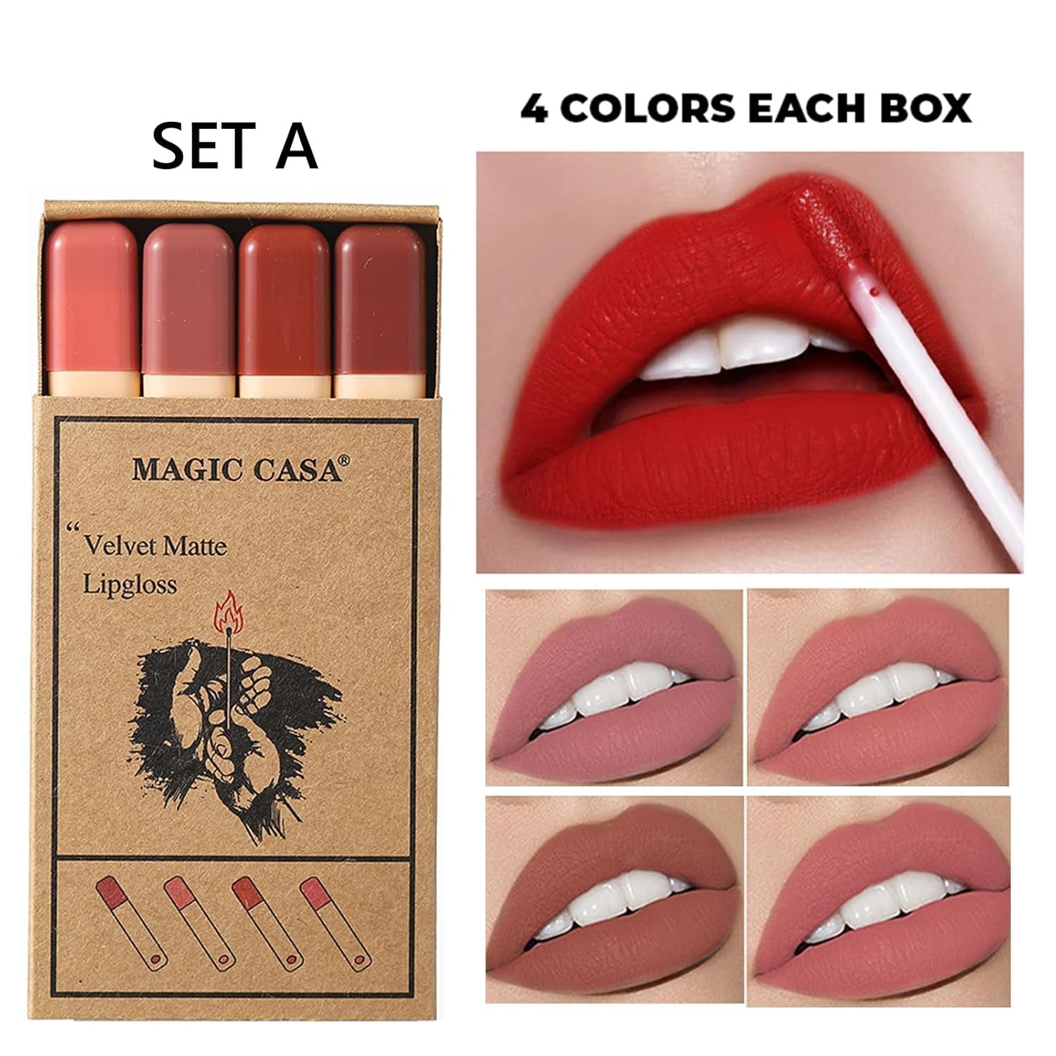 4 Colors Matte Lipstick Set, Mini Lipstick, Labiales Matte Velvet Lipstick, Long Lasting Lipstick, Creative Matchstick Shape Lipstick Set, Ideal Present for Women/Girls (A Set, Small)
